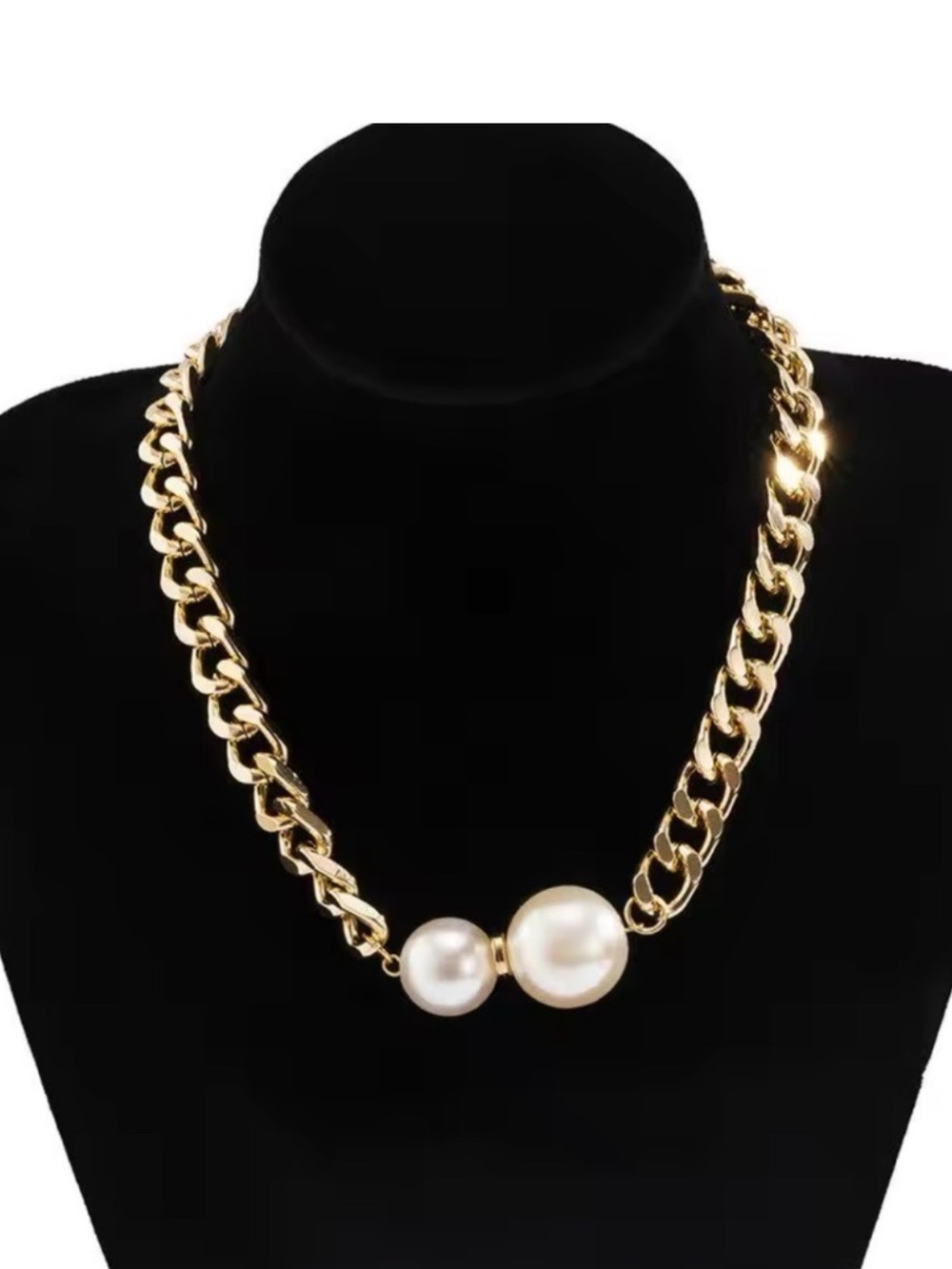 Graduated Pearl Gold chunky Chain Statement Necklace - Picture 2 of 3